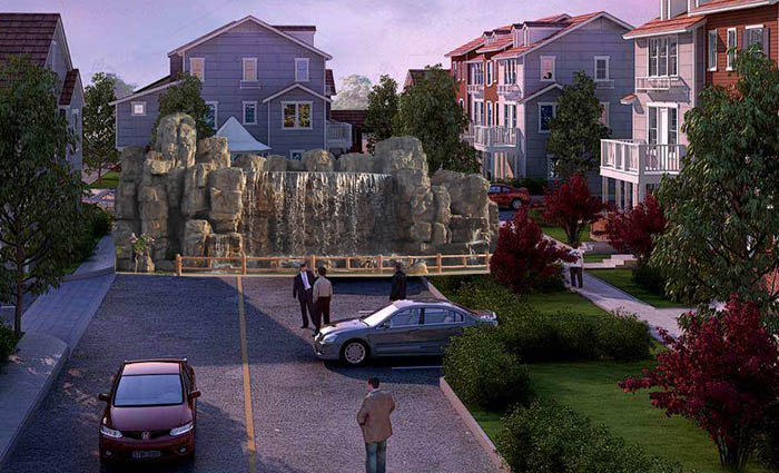 以仿真假山化解路冲