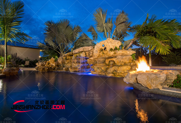 河北白洋淀别墅花园塑石假山景观水池建筑设计装修实景图