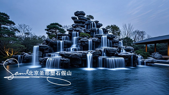 1749628933610531.jpeg jimeng-2025-06-08-901-这是一处富有特色的天然千层石的假山,石头是和太湖石一样有自然横向纹理,是用真正的天然假山石头制作,能有明显的凸凹。水流从上层缓缓流下,落入下层的石池中。背景....jpeg