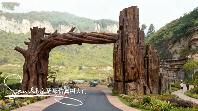 jimeng-2025-10-26-1872-一个主体颜色是自然暗棕色的仿树桩造型的园林景观入口，大门横梁很厚重，整体迪士尼大....png